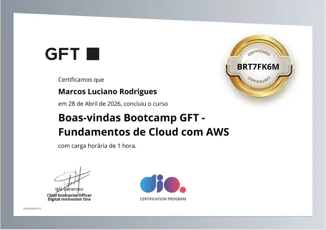 certificate of Boas-vindas Bootcamp GFT - Fundamentos de Cloud com AWS