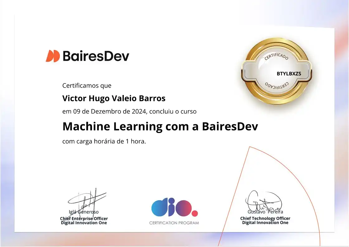 certificate of Machine Learning com a BairesDev