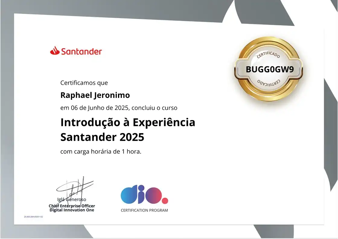 certificate of Introdução à Experiência Santander 2025