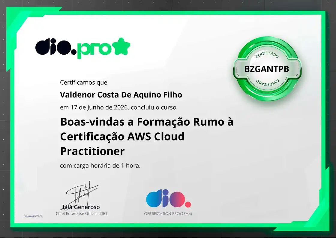 certificate of Boas-vindas a Formação Rumo à Certificação AWS Cloud Practitioner