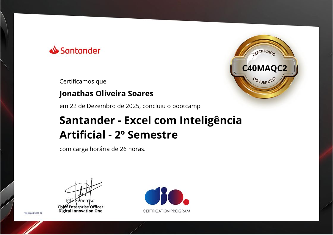 certificate of Santander - Excel com Inteligência Artificial - 2º Semestre