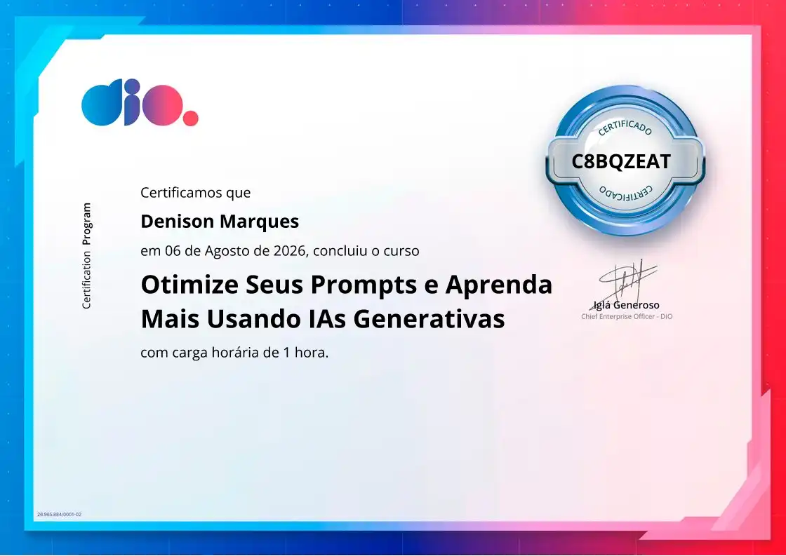 certificate of Otimize Seus Prompts e Aprenda Mais Usando IAs Generativas