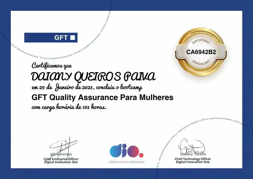 certificate of GFT Quality Assurance Para Mulheres