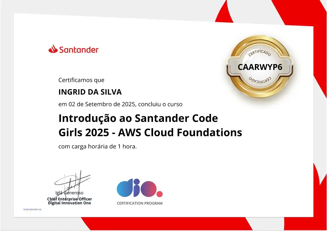certificate of Introdução ao Santander Code Girls 2025 - AWS Cloud Foundations