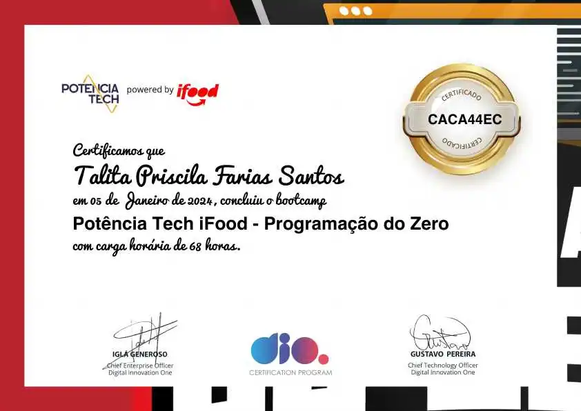 certificate of Potência Tech iFood - Programação do Zero
