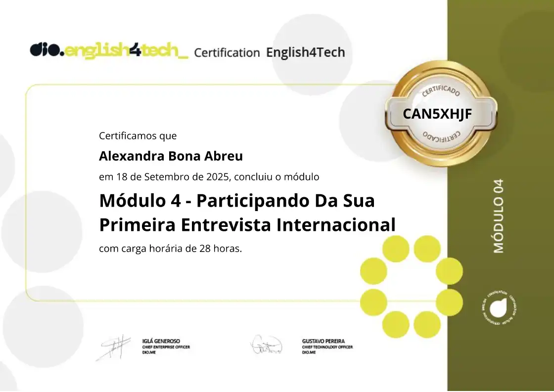 certificate of Módulo 4 - Participando Da Sua Primeira Entrevista Internacional
