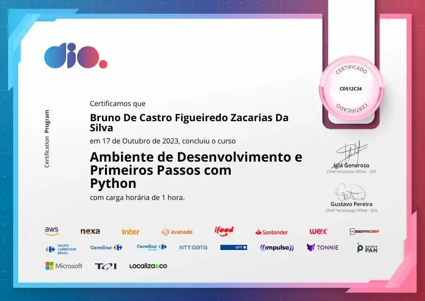 certificate of Ambiente de Desenvolvimento e Primeiros Passos com Python
