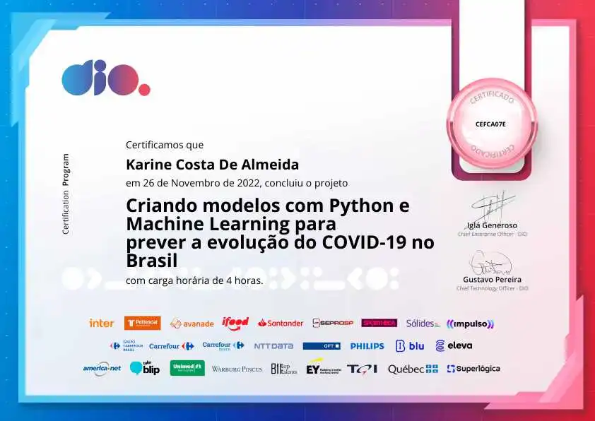 certificate of Criando Modelos com Python e Machine Learning para Prever a Evolução do COVID-19 no Brasil