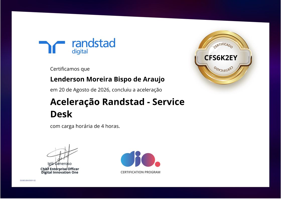 certificate of Aceleração Randstad - Service Desk