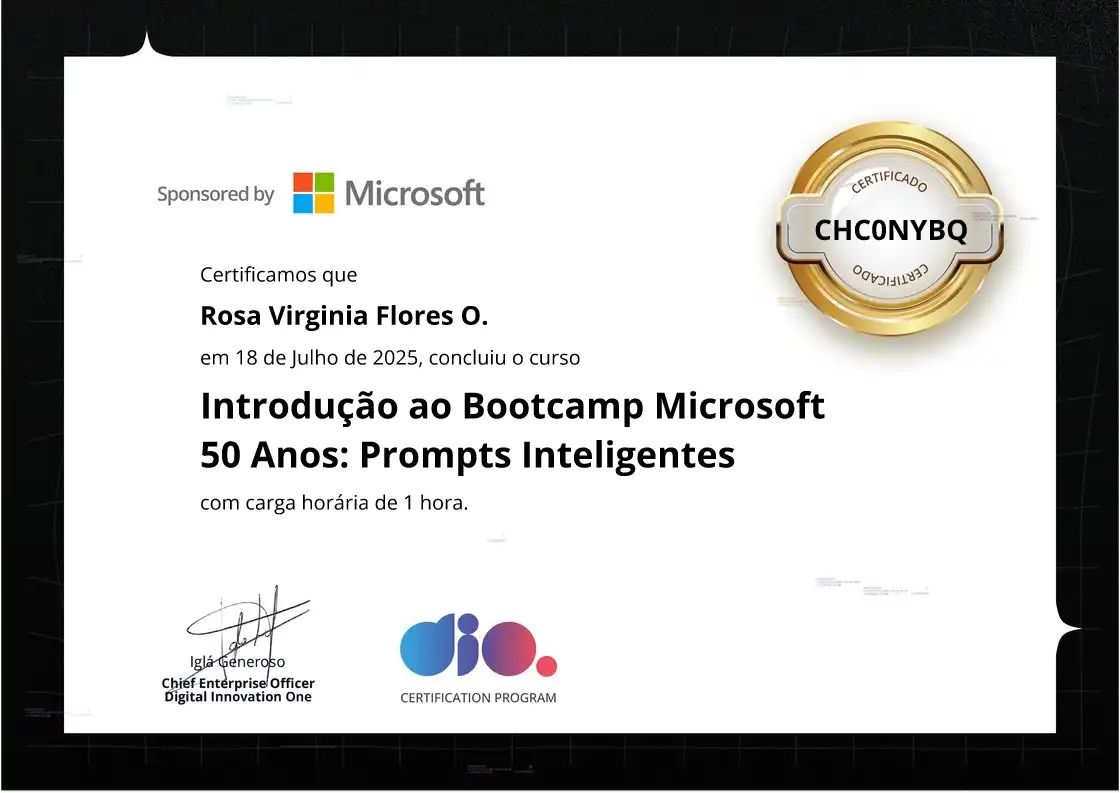 certificate of Introdução ao Bootcamp Microsoft 50 Anos: Prompts Inteligentes
