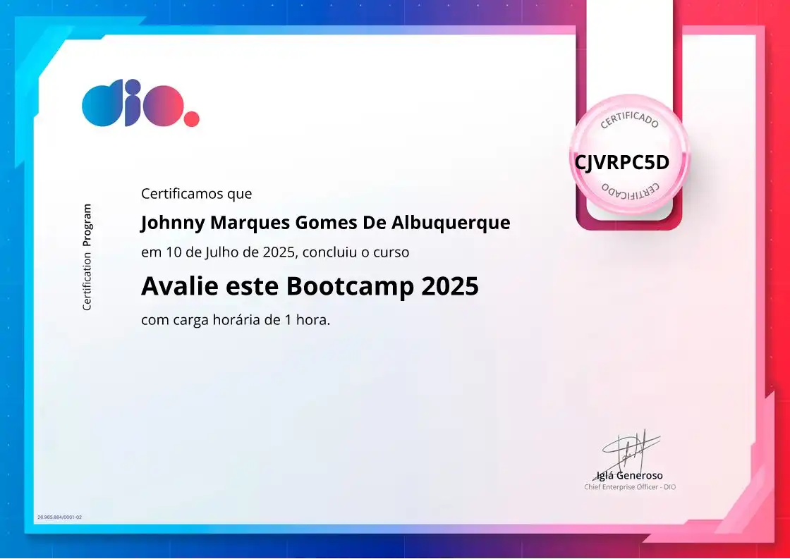 certificate of Avalie este Bootcamp 2025