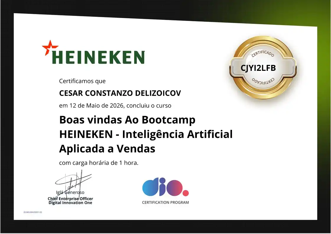 certificate of Boas vindas Ao Bootcamp HEINEKEN - Inteligência Artificial Aplicada a Vendas