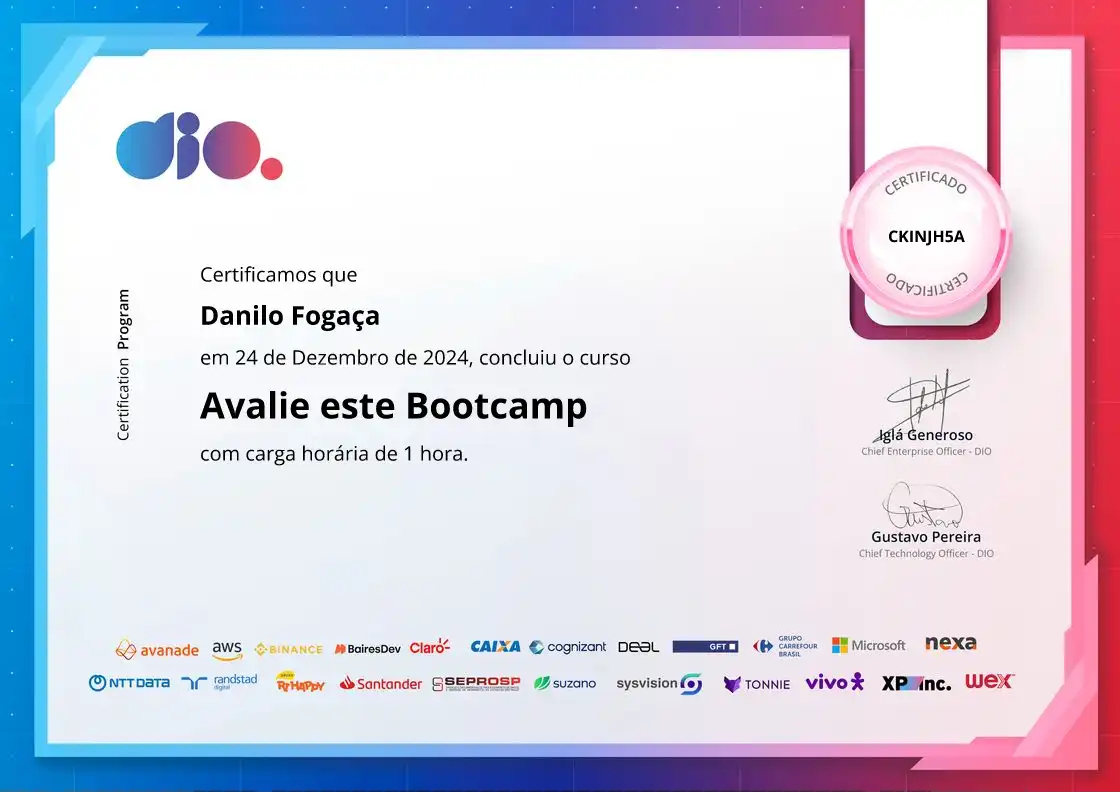 certificate of Avalie este Bootcamp
