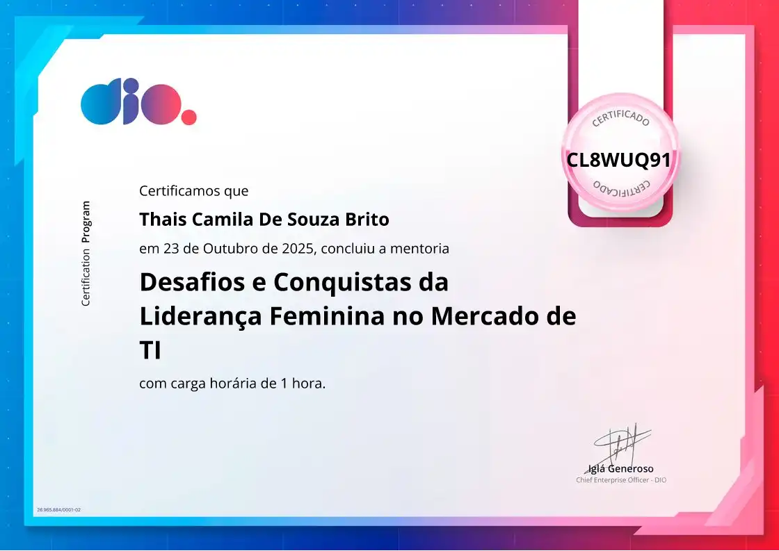 certificate of Desafios e Conquistas da Liderança Feminina no Mercado de TI