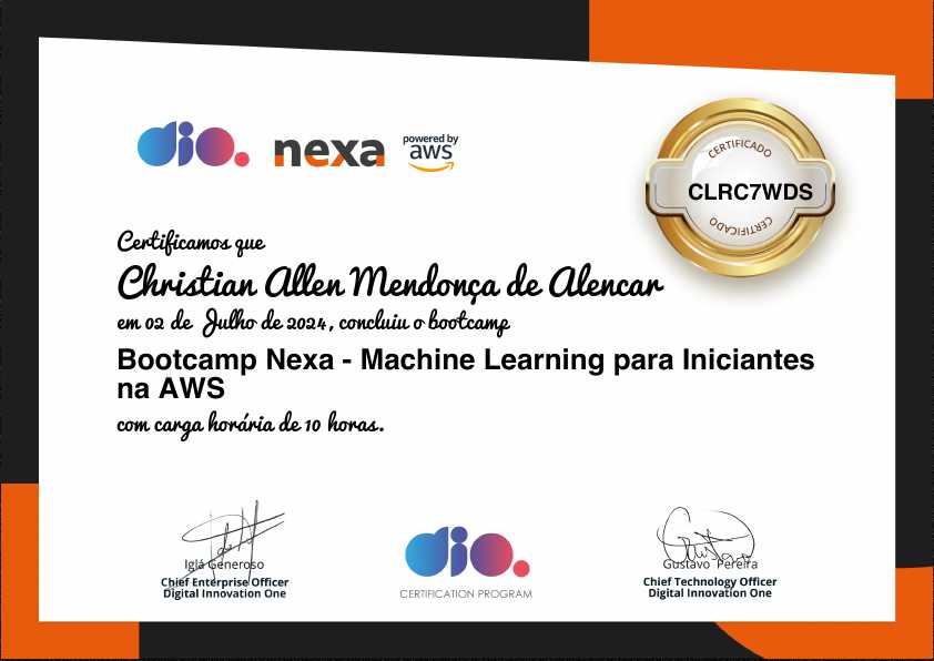 certificate of Bootcamp Nexa - Machine Learning para Iniciantes na AWS