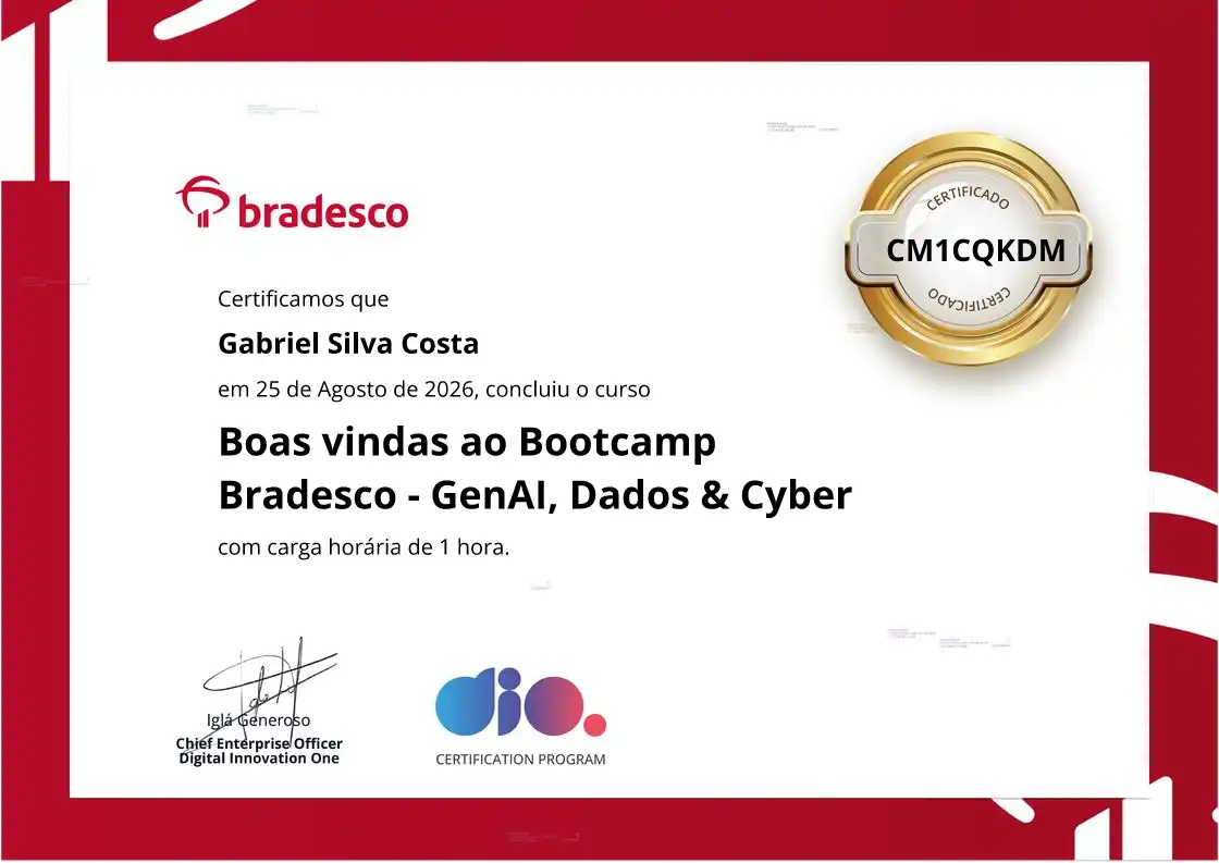 certificate of Boas vindas ao Bootcamp Bradesco - GenAI, Dados & Cyber
