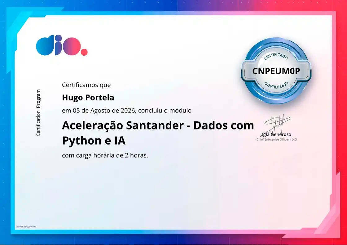 certificate of Aceleração Santander - Dados com Python e IA
