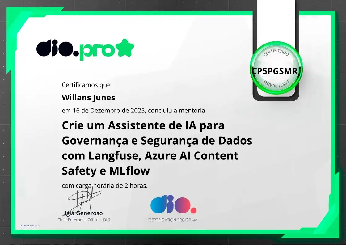certificate of Crie um Assistente de IA para Governança e Segurança de Dados com Langfuse, Azure AI Content Safety e MLflow