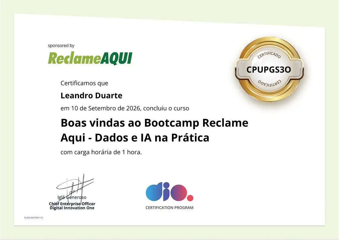 certificate of Boas vindas ao Bootcamp Reclame Aqui - Dados e IA na Prática