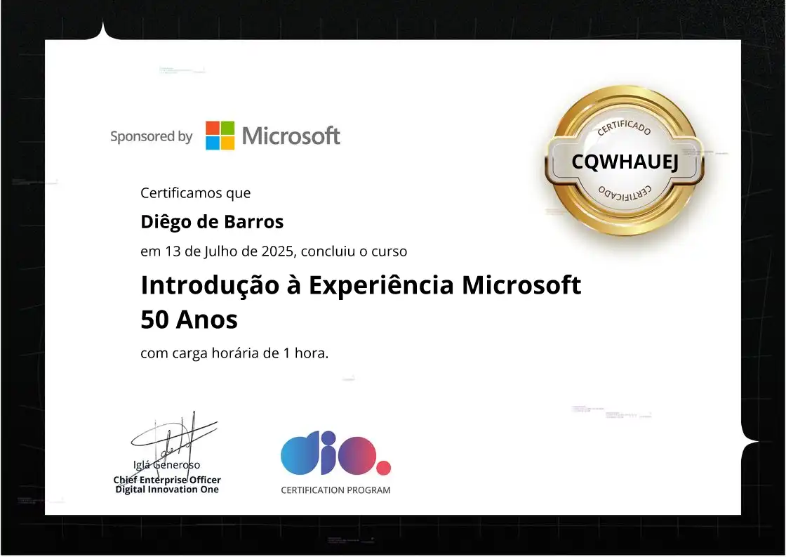 certificate of Introdução à Experiência Microsoft 50 Anos