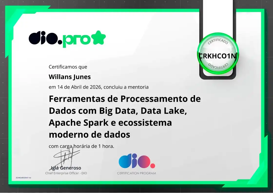 certificate of Ferramentas de Processamento de Dados com Big Data, Data Lake, Apache Spark e ecossistema moderno de dados