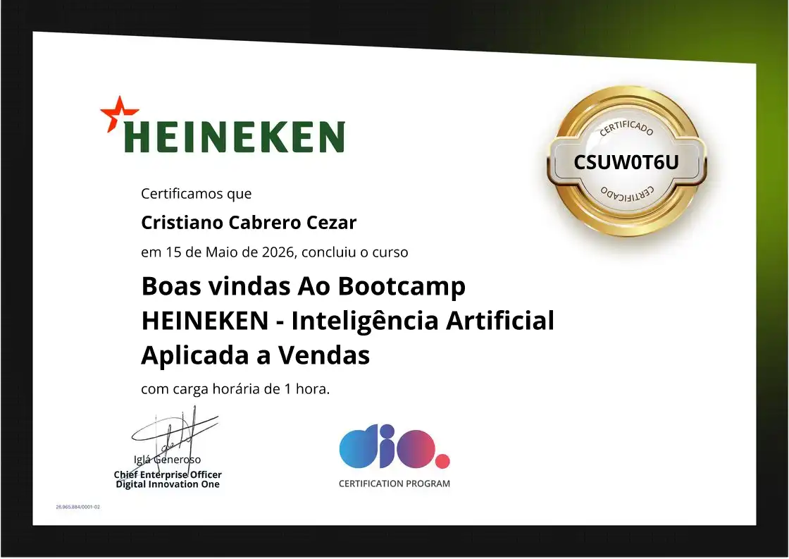 certificate of Boas vindas Ao Bootcamp HEINEKEN - Inteligência Artificial Aplicada a Vendas