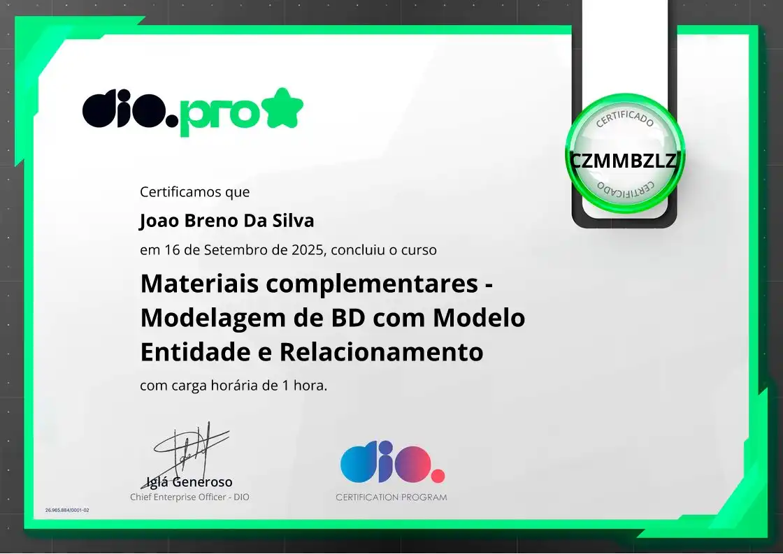 certificate of Materiais complementares - Modelagem de BD com Modelo Entidade e Relacionamento