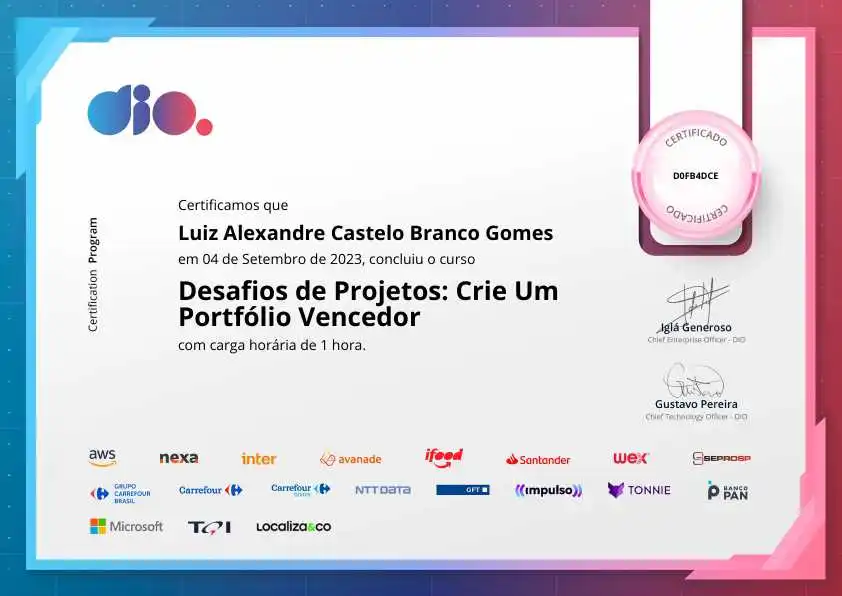 certificate of Desafios de Projetos: Crie Um Portfólio Vencedor