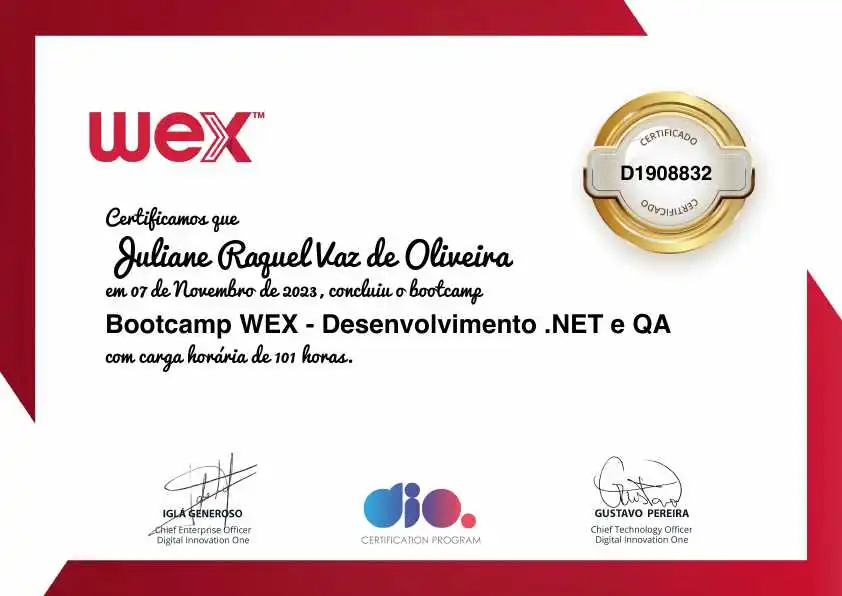 certificate of Bootcamp WEX - Desenvolvimento .NET e QA