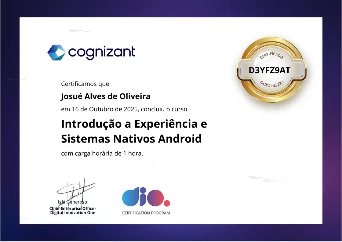 certificate of Introdução a Experiência e Sistemas Nativos Android