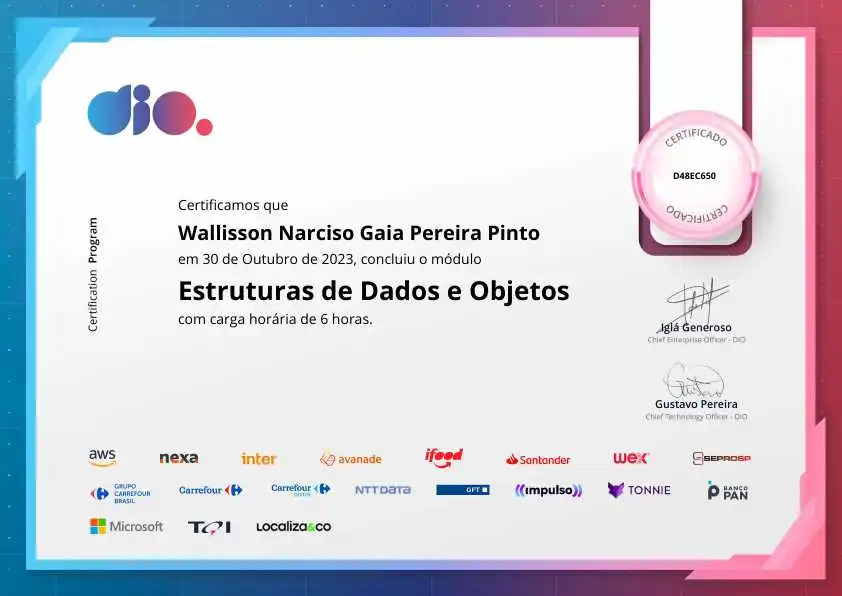 certificate of Estruturas de Dados e Objetos