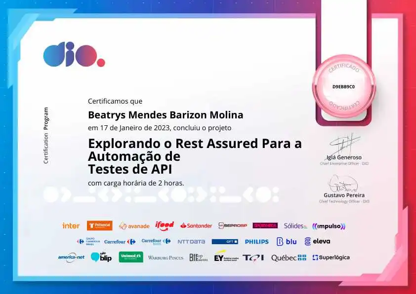 certificate of Explorando o Rest Assured Para a Automação de Testes de API