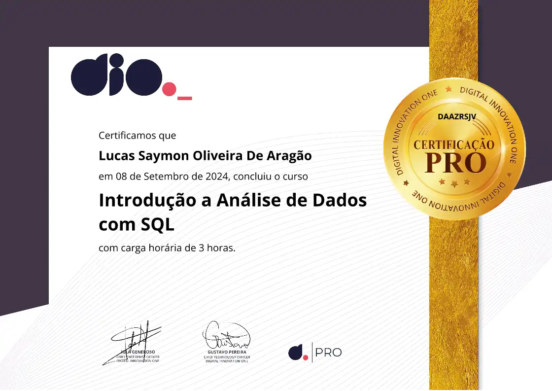 certificate of Introdução a Análise de Dados com SQL