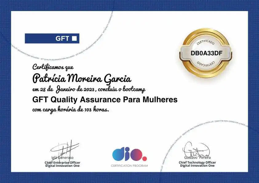 certificate of GFT Quality Assurance Para Mulheres