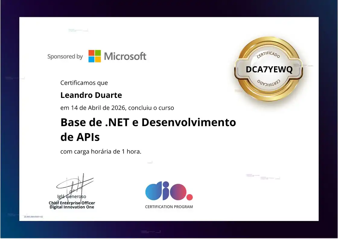certificate of Base de .NET e Desenvolvimento de APIs