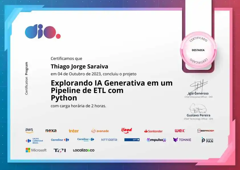 certificate of Explorando IA Generativa em um Pipeline de ETL com Python