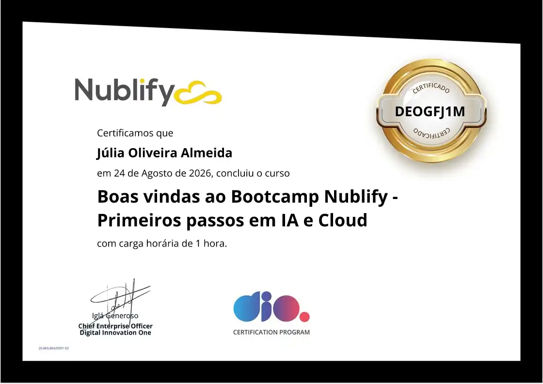 certificate of Boas vindas ao Bootcamp Nublify - Primeiros passos em IA e Cloud