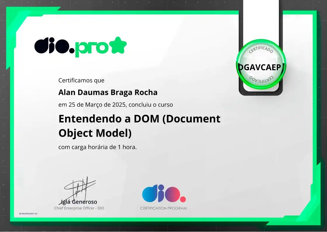 certificate of Entendendo a DOM (Document Object Model)