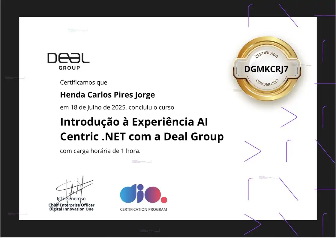 certificate of Introdução à Experiência AI Centric .NET com a Deal Group