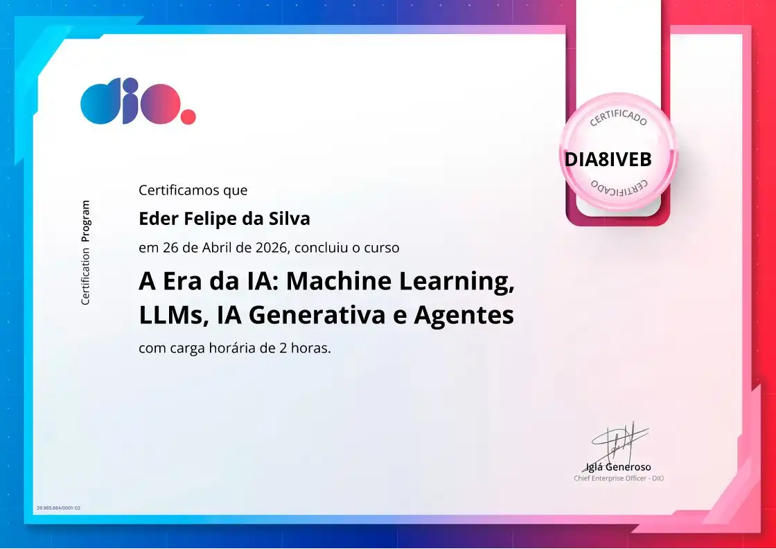 certificate of A Era da IA: Machine Learning, LLMs, IA Generativa e Agentes