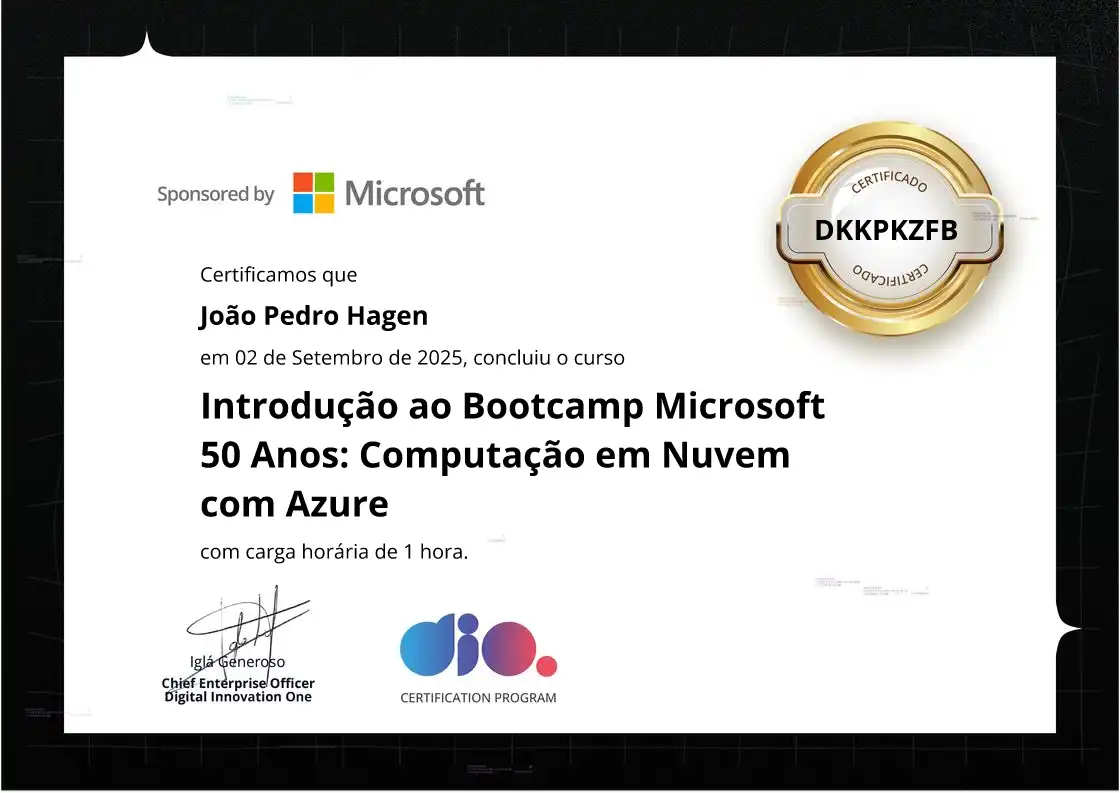 certificate of Introdução ao Bootcamp Microsoft 50 Anos: Computação em Nuvem com Azure