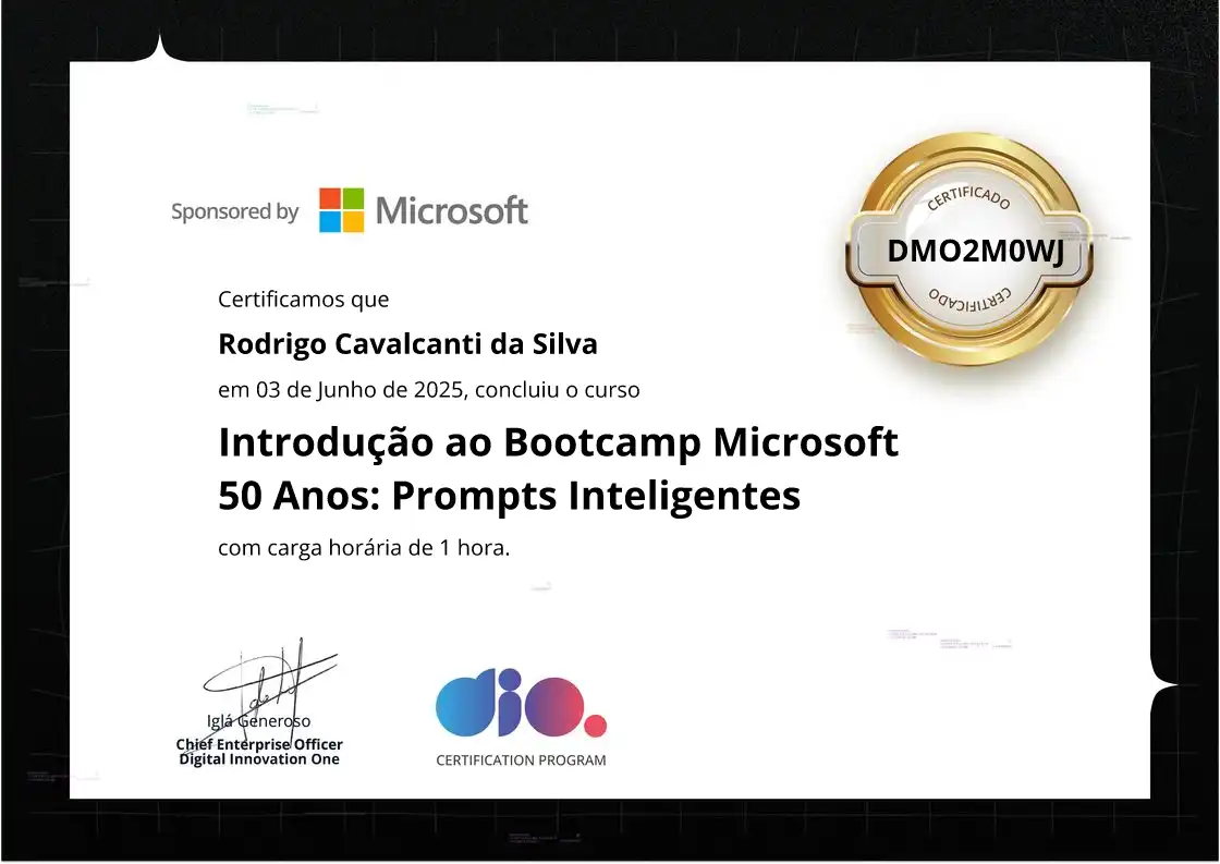 certificate of Introdução ao Bootcamp Microsoft 50 Anos: Prompts Inteligentes