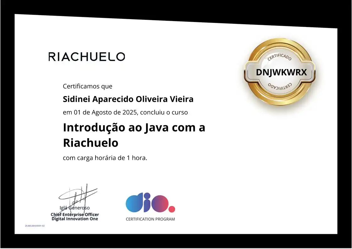 certificate of Introdução ao Java com a Riachuelo