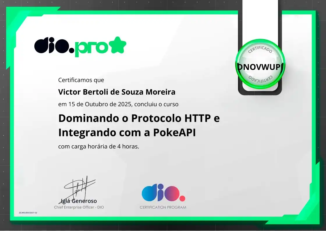 certificate of Dominando o Protocolo HTTP e Integrando com a PokeAPI