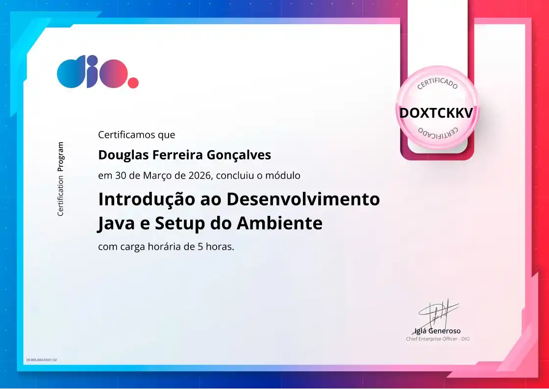 certificate of Introdução ao Desenvolvimento Java e Setup do Ambiente