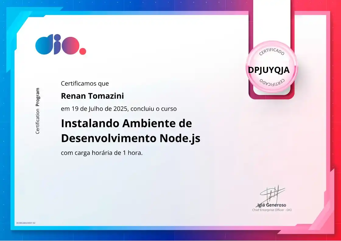 certificate of Instalando Ambiente de Desenvolvimento Node.js