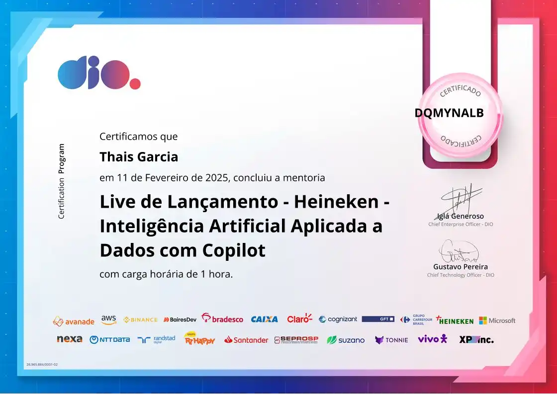 certificate of Live de Lançamento - Heineken - Inteligência Artificial Aplicada a Dados com Copilot