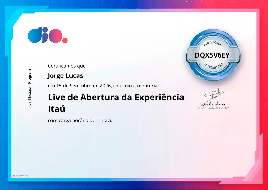 certificate of Live de Abertura da Experiência Itaú