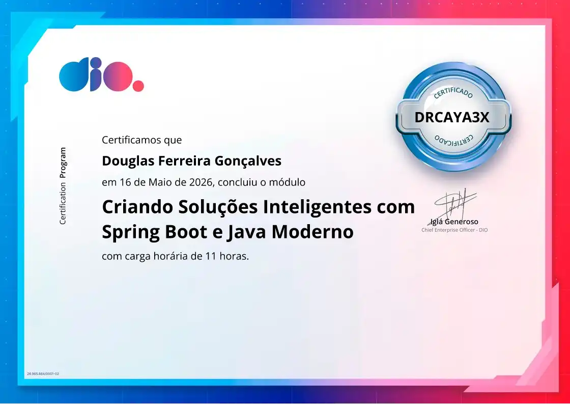 certificate of Criando Soluções Inteligentes com Spring Boot e Java Moderno