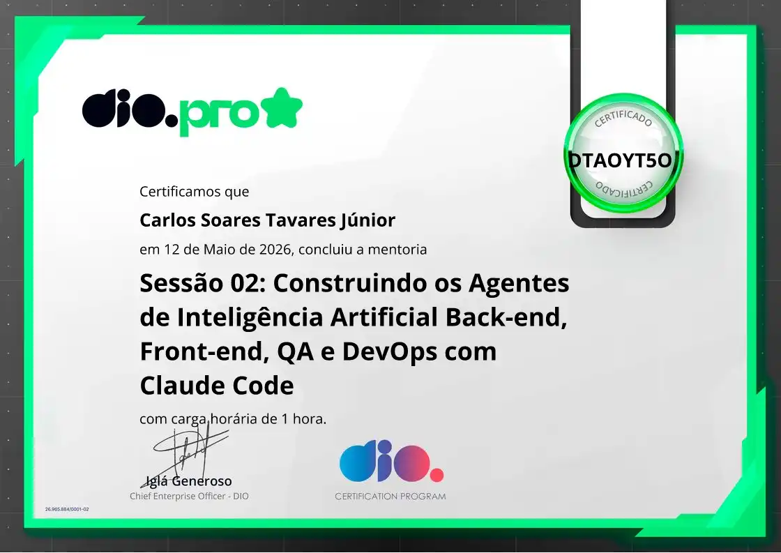 certificate of Sessão 02: Construindo os Agentes de Inteligência Artificial Back-end, Front-end, QA e DevOps com Claude Code